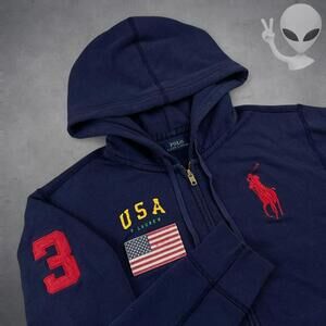 Polo Ralph Lauren Full Zip Hoodie Medium Navy USA Big Pony Jacket Vintage 90s